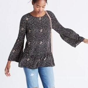 Madewell 100% Silk Fiesta Paisley Top Womens M Black Flared Sleeves Ruffled Boho